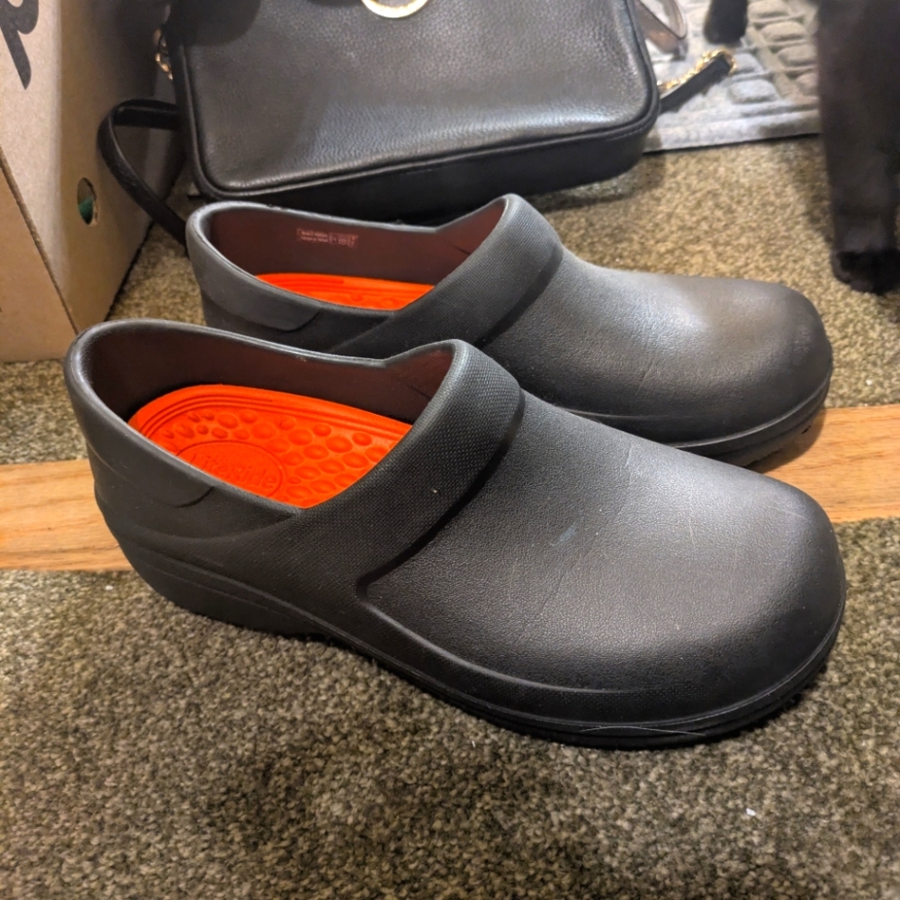 Black Slip-On Clogs with Orange Insole
